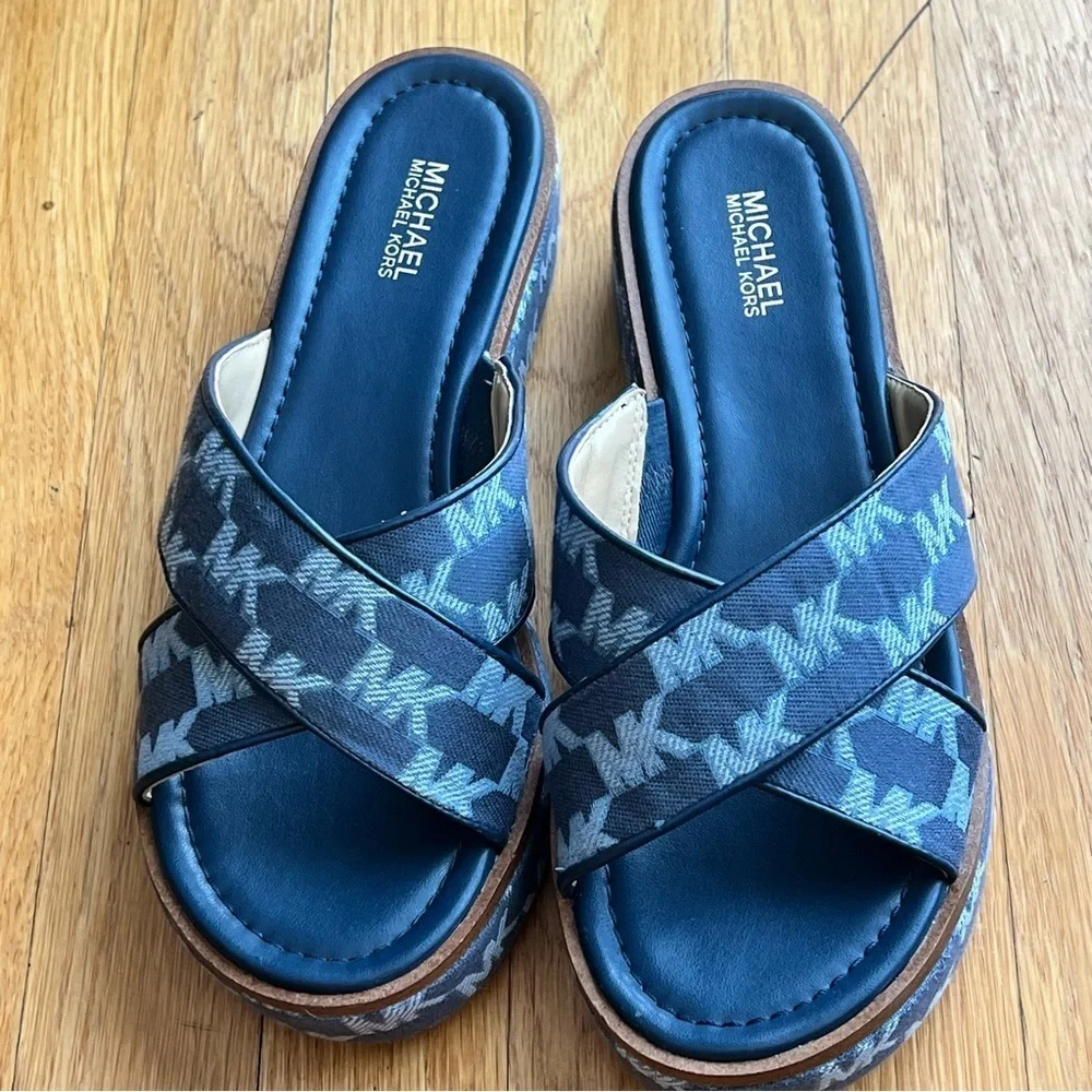 Michael Kors Indira Logo Jacquard Navy Platform Wedge Slide Sandal Size 8.5 - Picture 4 of 5